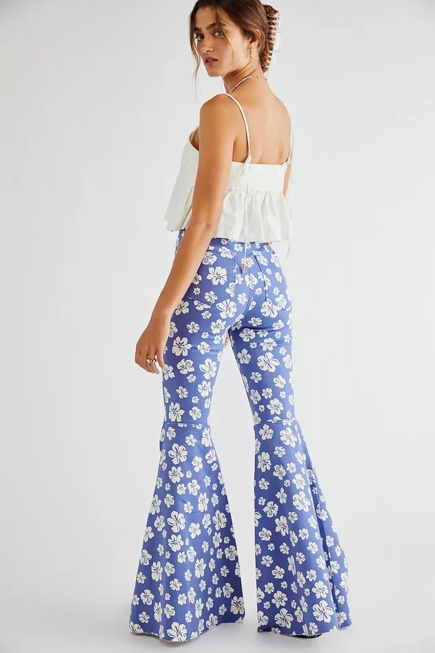 Women Printed Jeans Free People Just Float On Printed Flare Jeans Blue Hawaii Combo