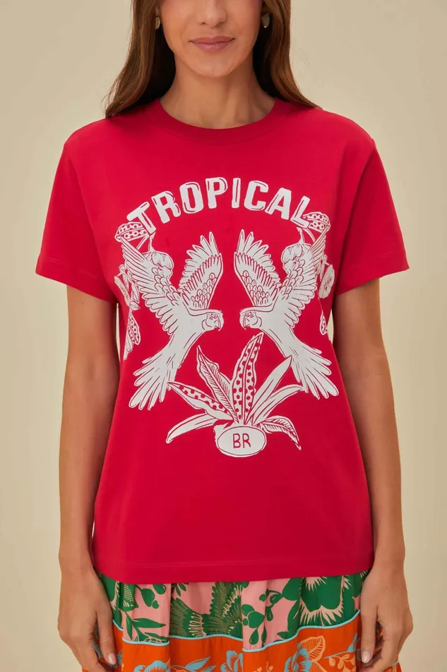Women Red Tropical Organic Cotton TShirt Pink FARM Rio Tshirts