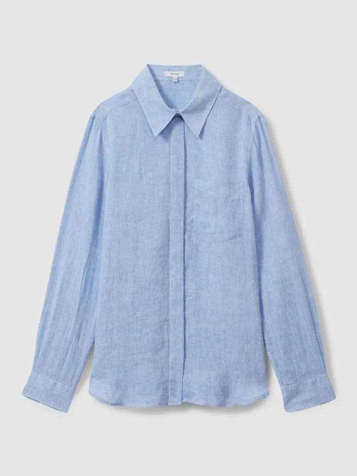 Women Reiss Blouses and Shirts Campbell Linen Long Sleeve Shirt Blue