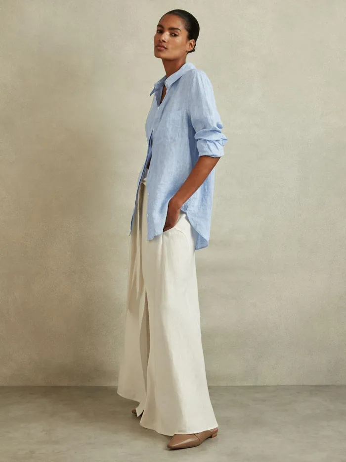 Women Reiss Blouses and Shirts Campbell Linen Long Sleeve Shirt Blue