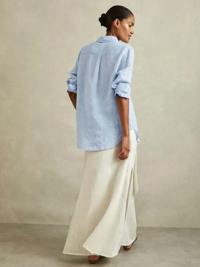 Women Reiss Blouses and Shirts Campbell Linen Long Sleeve Shirt Blue