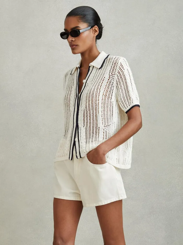 Women Reiss Blouses and Shirts Erica Linen Open Stitch Shirt Ivorynavy