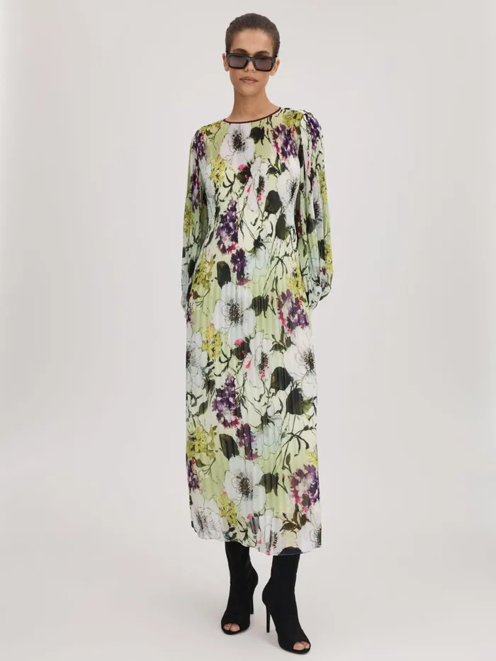 Women Reiss Brands Printed Blouson Sleeve Midi Dress Multi