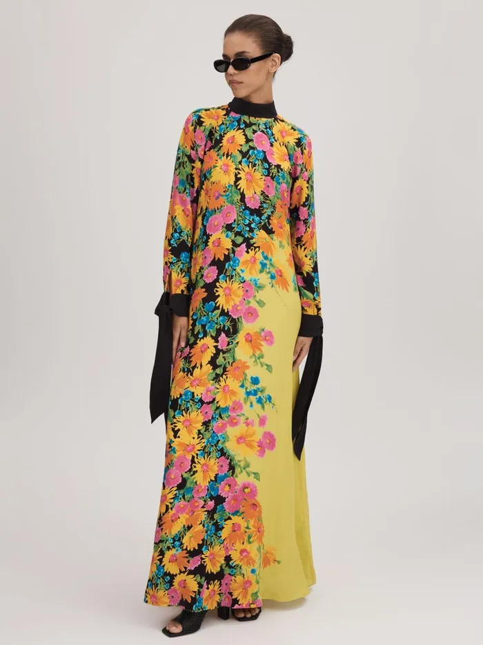 Women Reiss Brands Printed Tie Cuff Maxi Dress Multi