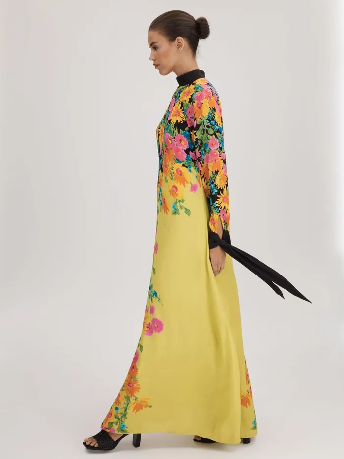 Women Reiss Brands Printed Tie Cuff Maxi Dress Multi