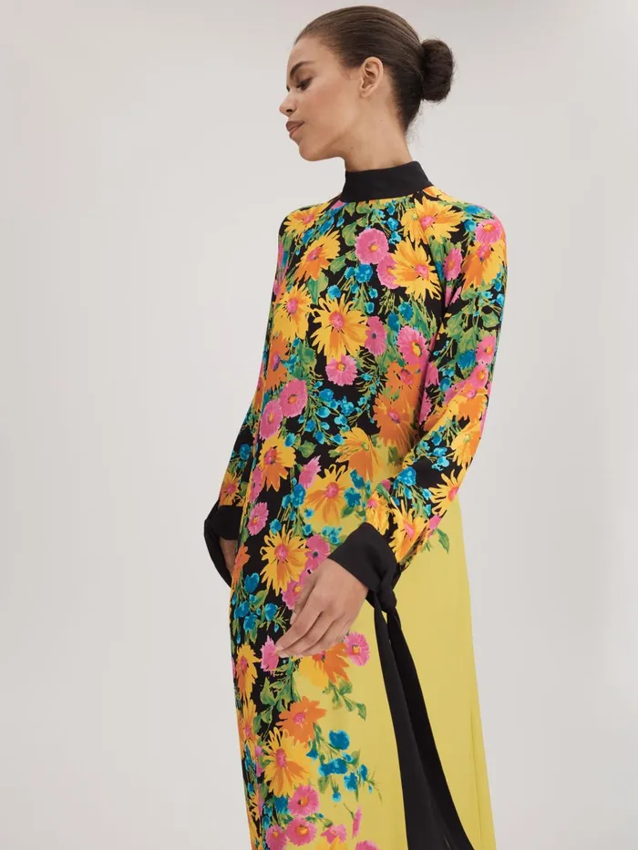 Women Reiss Brands Printed Tie Cuff Maxi Dress Multi
