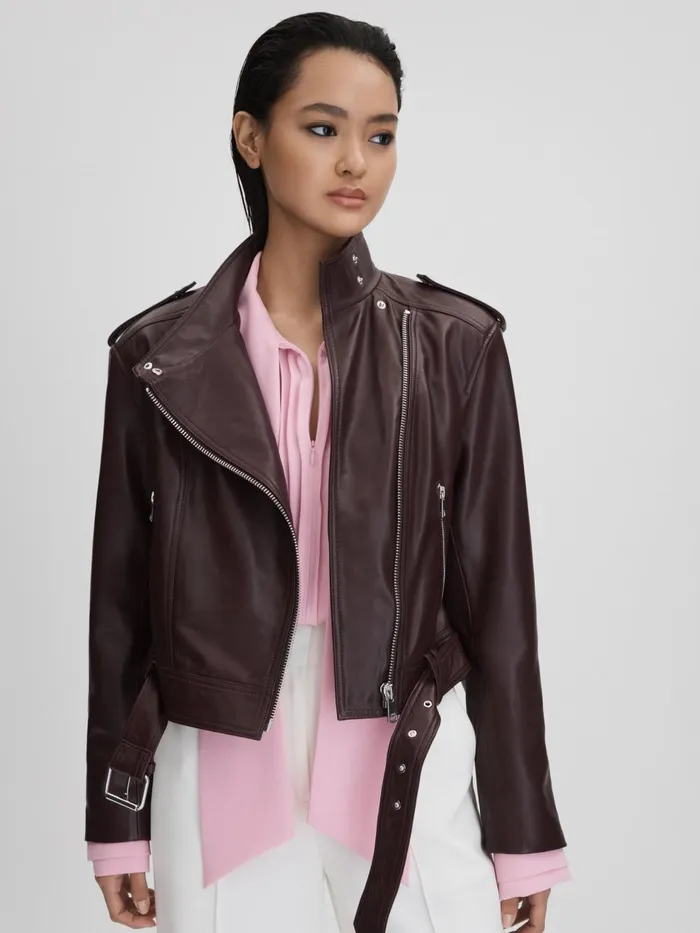 Women Reiss Coats Maeve Cropped Leather Biker Jacket Berry