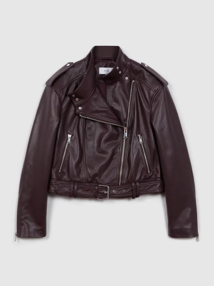 Women Reiss Coats Maeve Cropped Leather Biker Jacket Berry