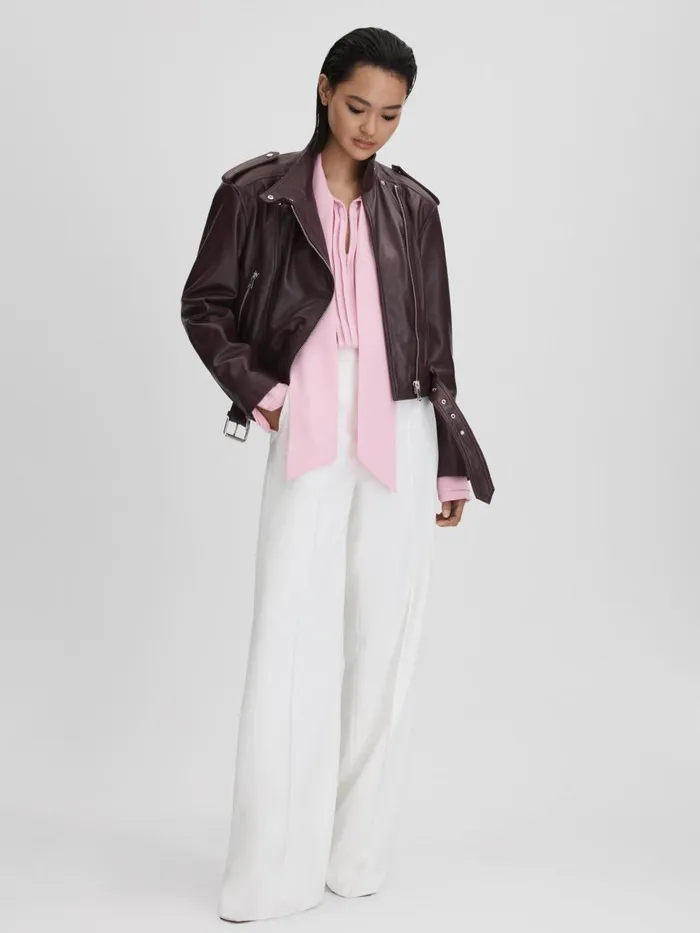 Women Reiss Coats Maeve Cropped Leather Biker Jacket Berry