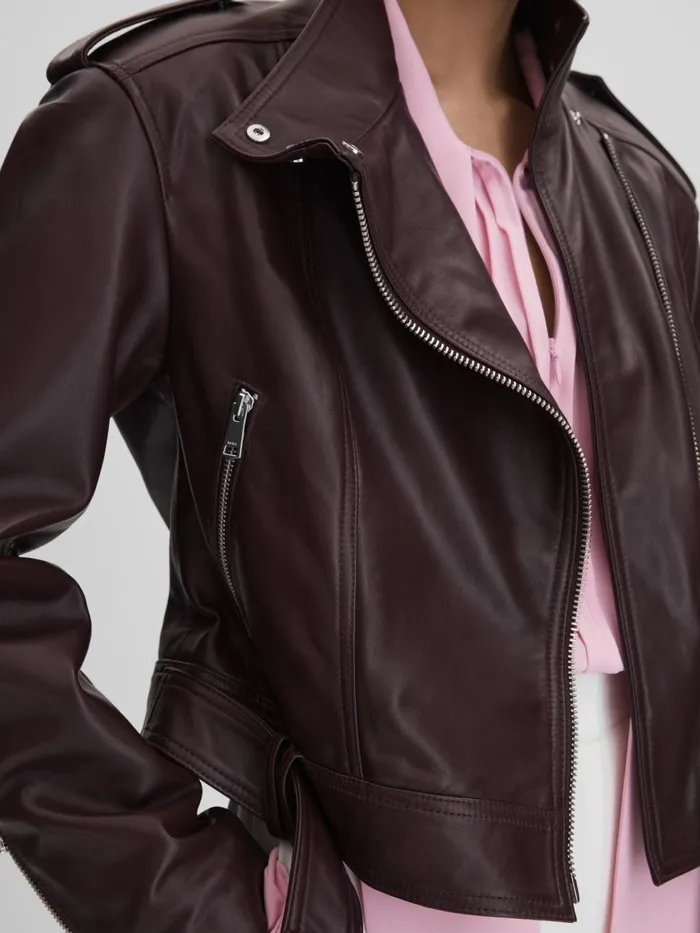 Women Reiss Coats Maeve Cropped Leather Biker Jacket Berry
