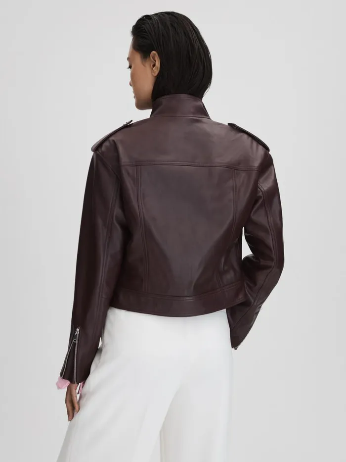 Women Reiss Coats Maeve Cropped Leather Biker Jacket Berry