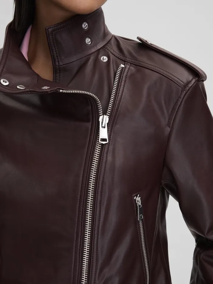 Women Reiss Coats Maeve Cropped Leather Biker Jacket Berry