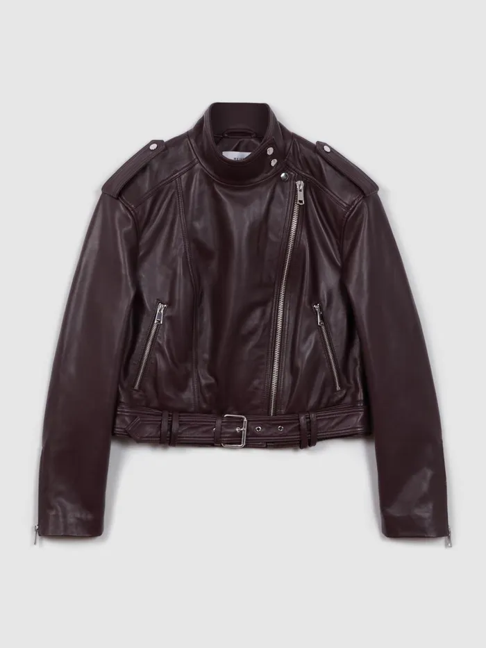 Women Reiss Coats Maeve Cropped Leather Biker Jacket Berry