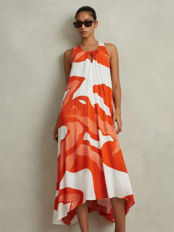 Women Reiss Dresses Avia Printed Dipped Hem Midi Dress Orangewhite