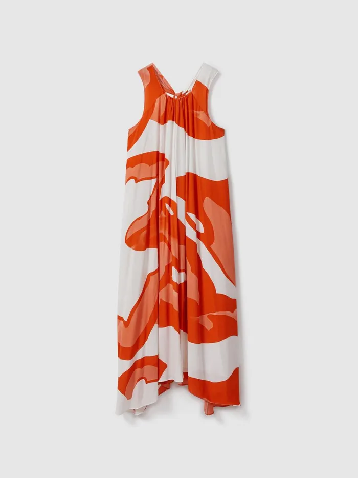 Women Reiss Dresses Avia Printed Dipped Hem Midi Dress Orangewhite