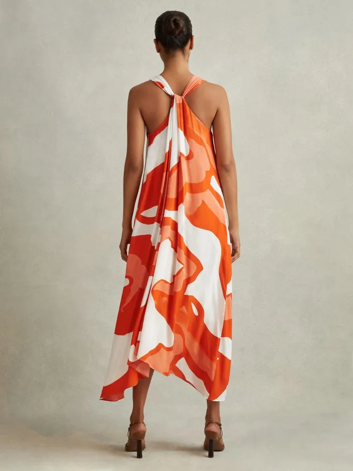 Women Reiss Dresses Avia Printed Dipped Hem Midi Dress Orangewhite