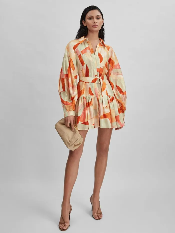 Women Reiss Dresses Geometric Print Balloon Sleeve Mini Dress Orange Multi