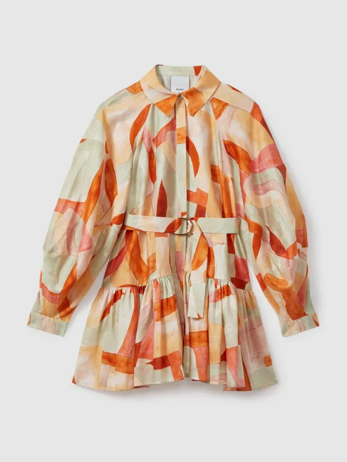 Women Reiss Dresses Geometric Print Balloon Sleeve Mini Dress Orange Multi
