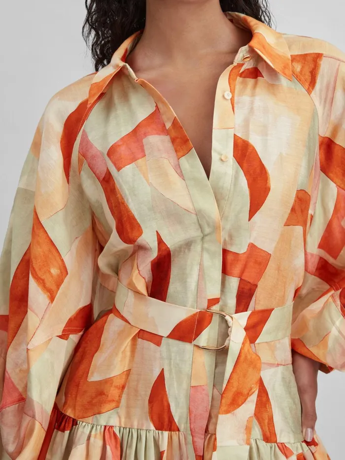 Women Reiss Dresses Geometric Print Balloon Sleeve Mini Dress Orange Multi