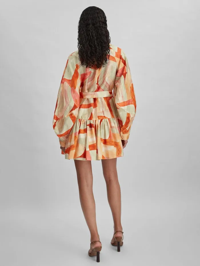 Women Reiss Dresses Geometric Print Balloon Sleeve Mini Dress Orange Multi