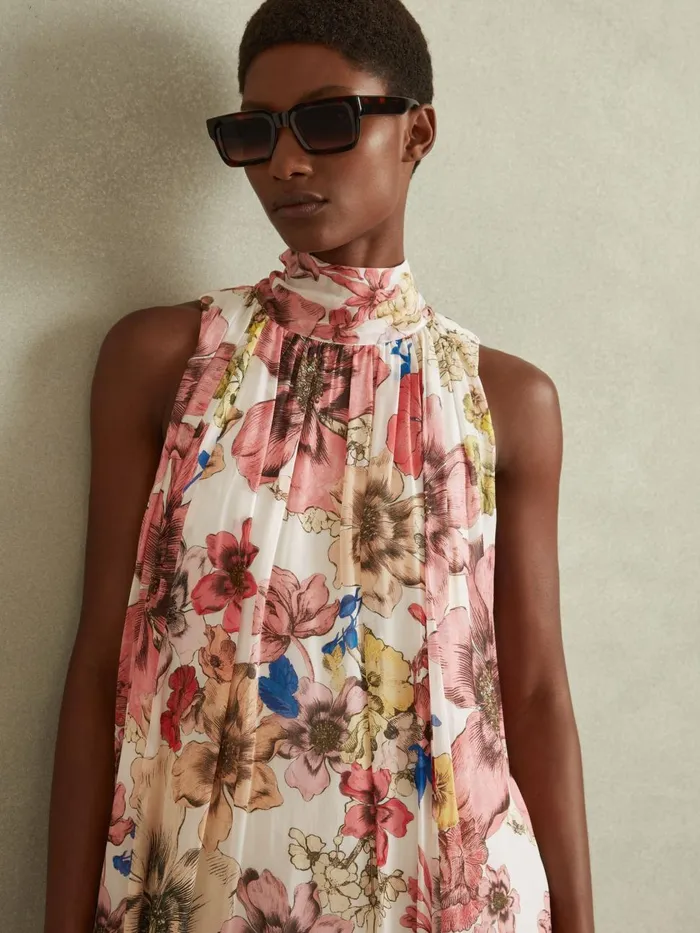 Women Reiss Dresses Kady Floral Pleated Tie Neck Mini Dress Creampink