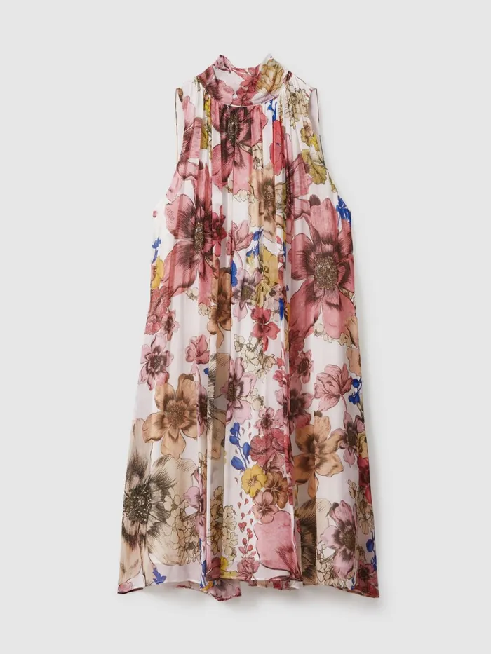 Women Reiss Dresses Kady Floral Pleated Tie Neck Mini Dress Creampink