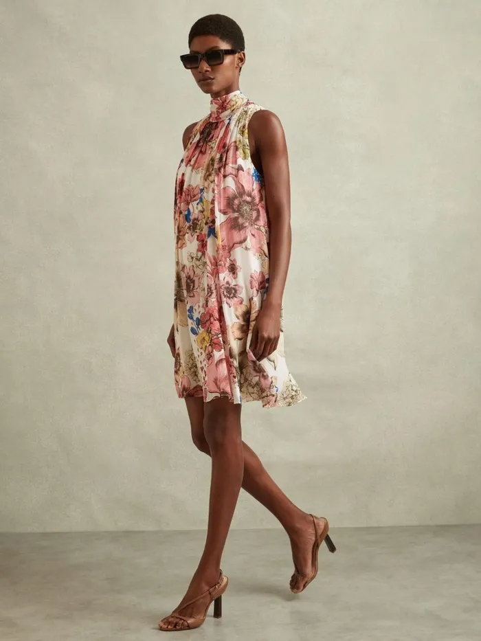 Women Reiss Dresses Kady Floral Pleated Tie Neck Mini Dress Creampink