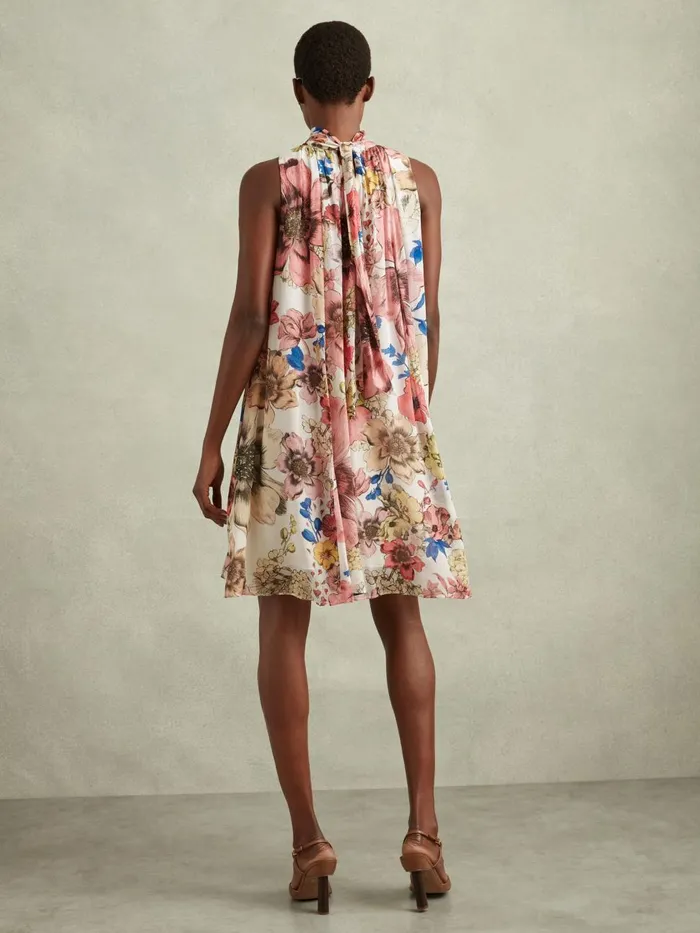 Women Reiss Dresses Kady Floral Pleated Tie Neck Mini Dress Creampink