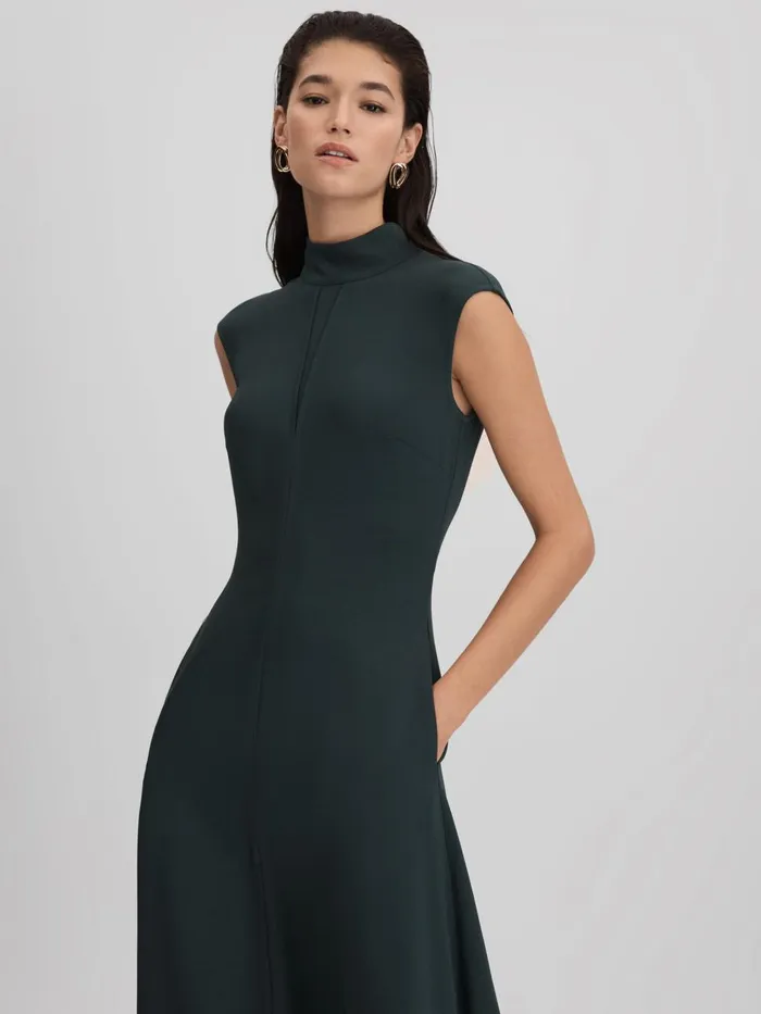 Women Reiss Dresses Libby Fitted Asymmetric Midi Dress Dark Green