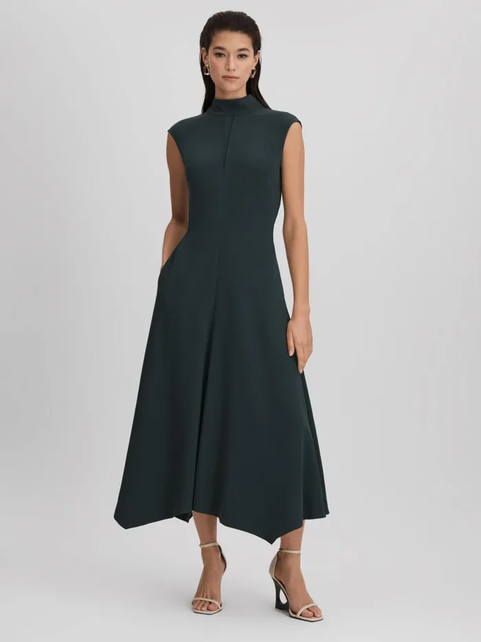 Women Reiss Dresses Libby Fitted Asymmetric Midi Dress Dark Green