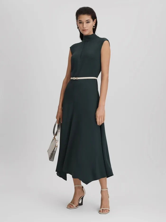 Women Reiss Dresses Libby Fitted Asymmetric Midi Dress Dark Green