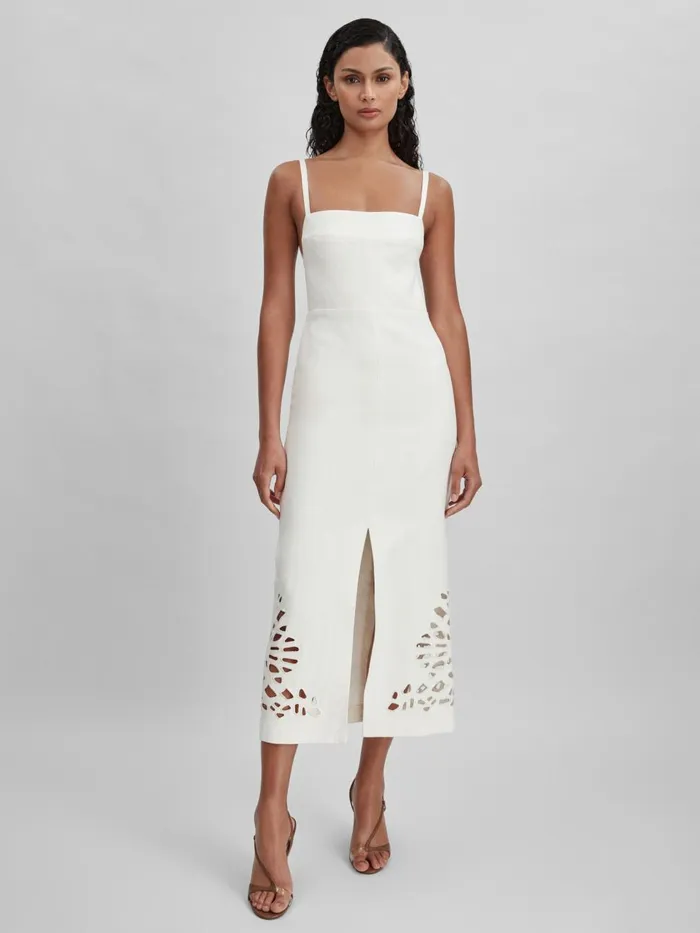 Women Reiss Dresses Linen Blend CutOut Midi Dress Ivory
