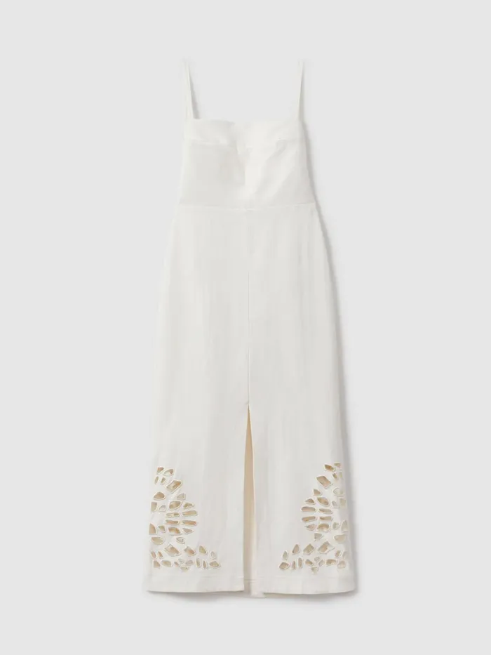 Women Reiss Dresses Linen Blend CutOut Midi Dress Ivory
