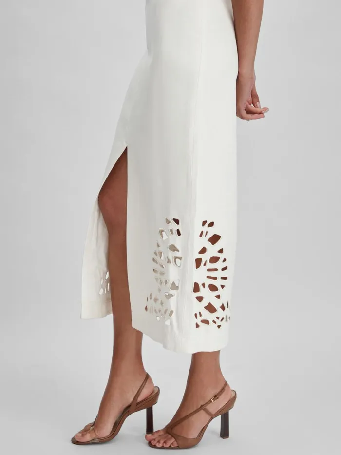 Women Reiss Dresses Linen Blend CutOut Midi Dress Ivory