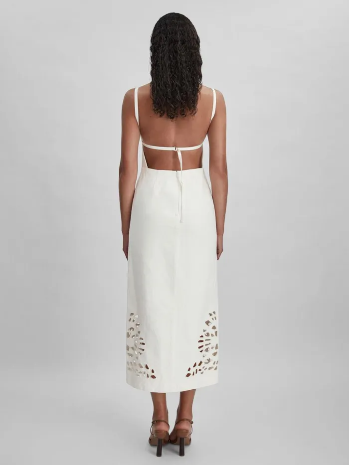 Women Reiss Dresses Linen Blend CutOut Midi Dress Ivory