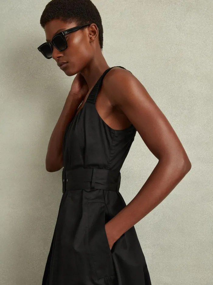 Women Reiss Dresses Liza Cotton Ruched Strap Belted Midi Dress Black