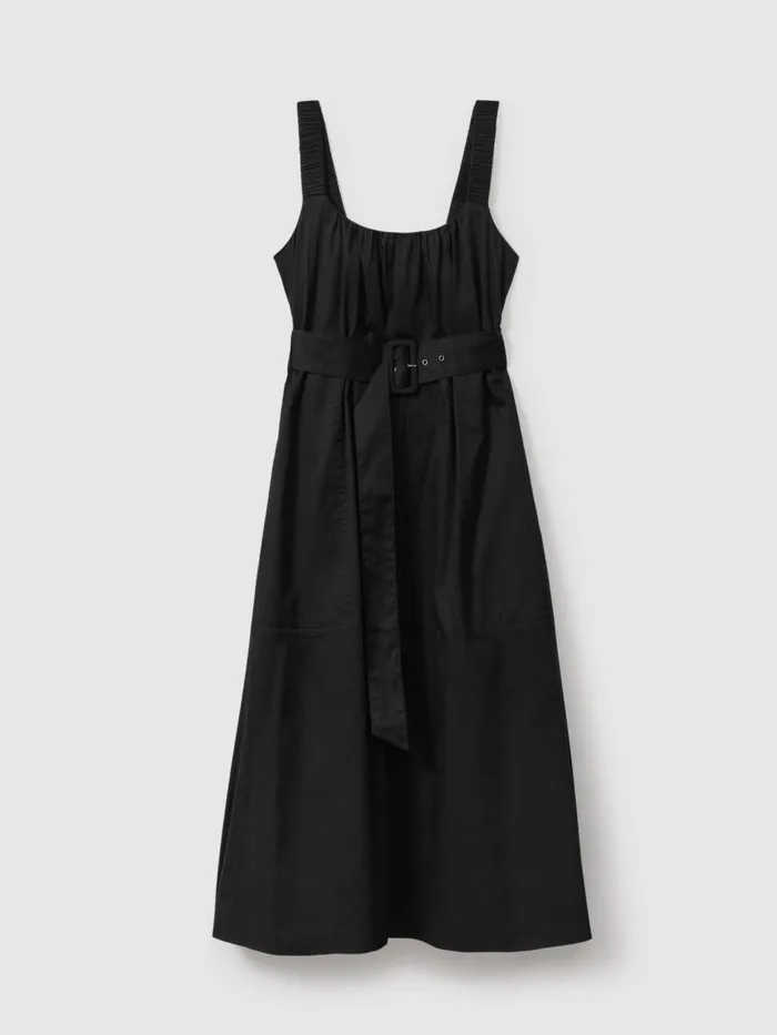 Women Reiss Dresses Liza Cotton Ruched Strap Belted Midi Dress Black