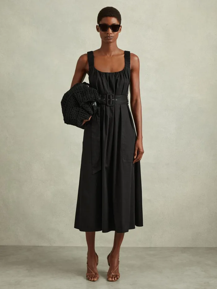 Women Reiss Dresses Liza Cotton Ruched Strap Belted Midi Dress Black