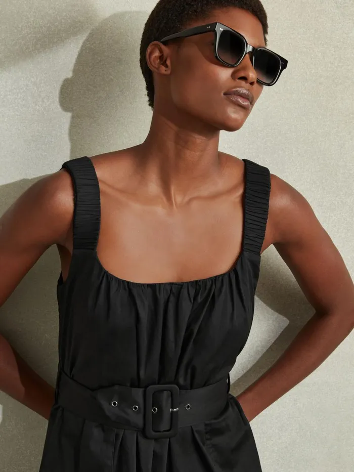 Women Reiss Dresses Liza Cotton Ruched Strap Belted Midi Dress Black