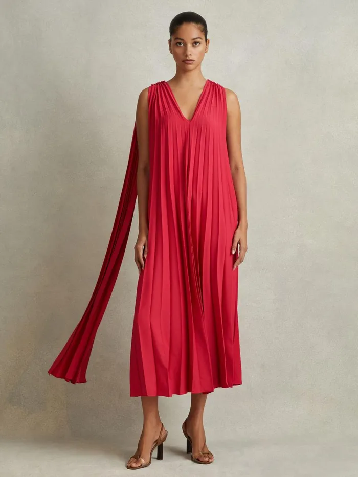 Women Reiss Dresses Loreli Pleated Cape Sleeve Midi Dress Coral