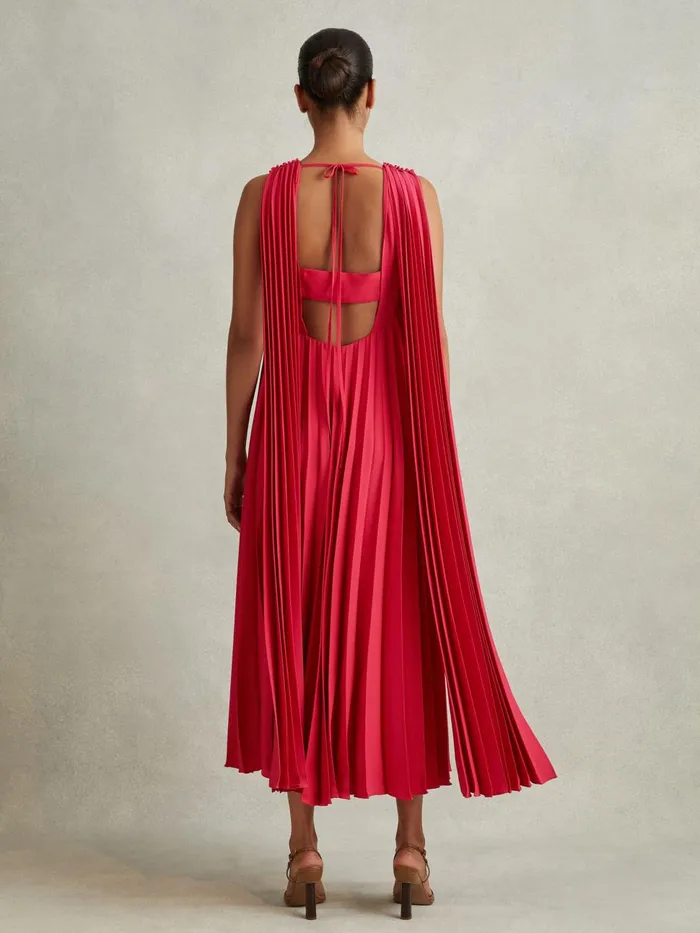 Women Reiss Dresses Loreli Pleated Cape Sleeve Midi Dress Coral