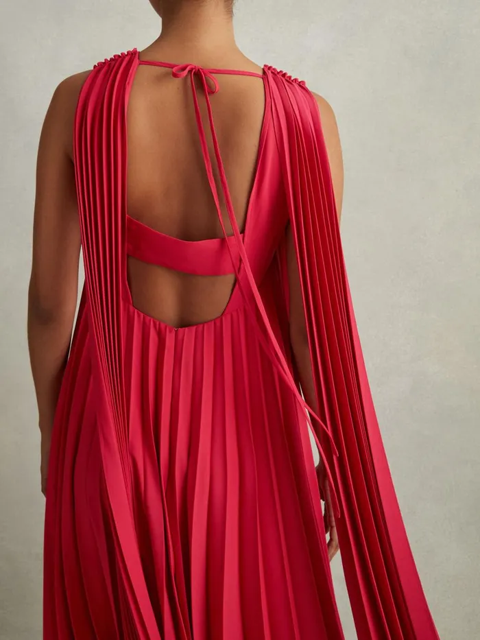 Women Reiss Dresses Loreli Pleated Cape Sleeve Midi Dress Coral