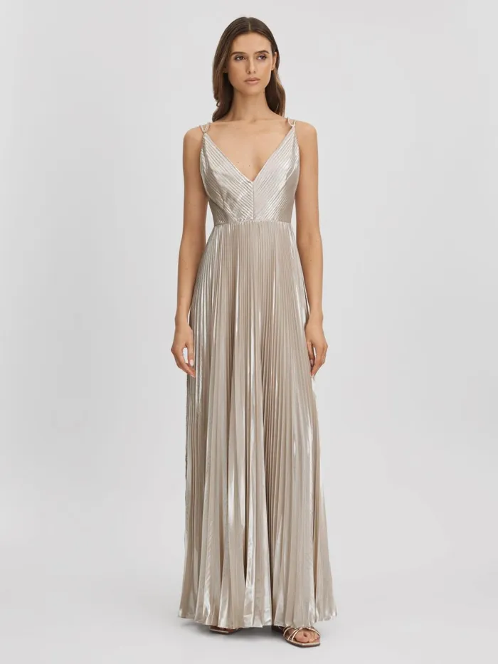 Women Reiss Dresses Metallic Pleated Maxi Dress Nude