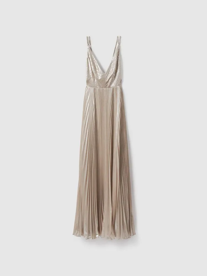 Women Reiss Dresses Metallic Pleated Maxi Dress Nude