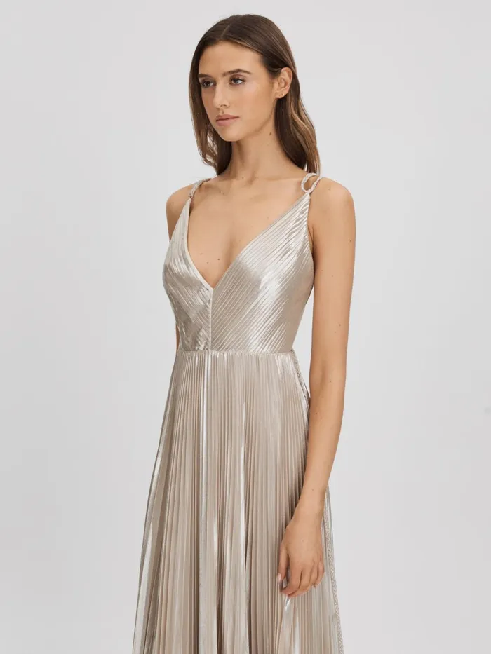 Women Reiss Dresses Metallic Pleated Maxi Dress Nude