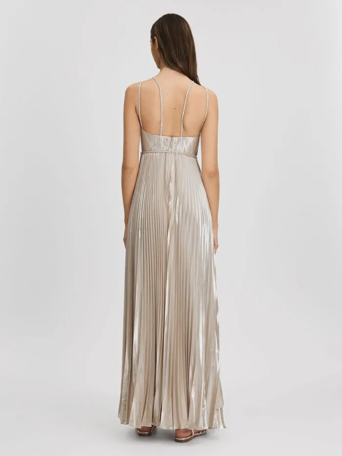 Women Reiss Dresses Metallic Pleated Maxi Dress Nude