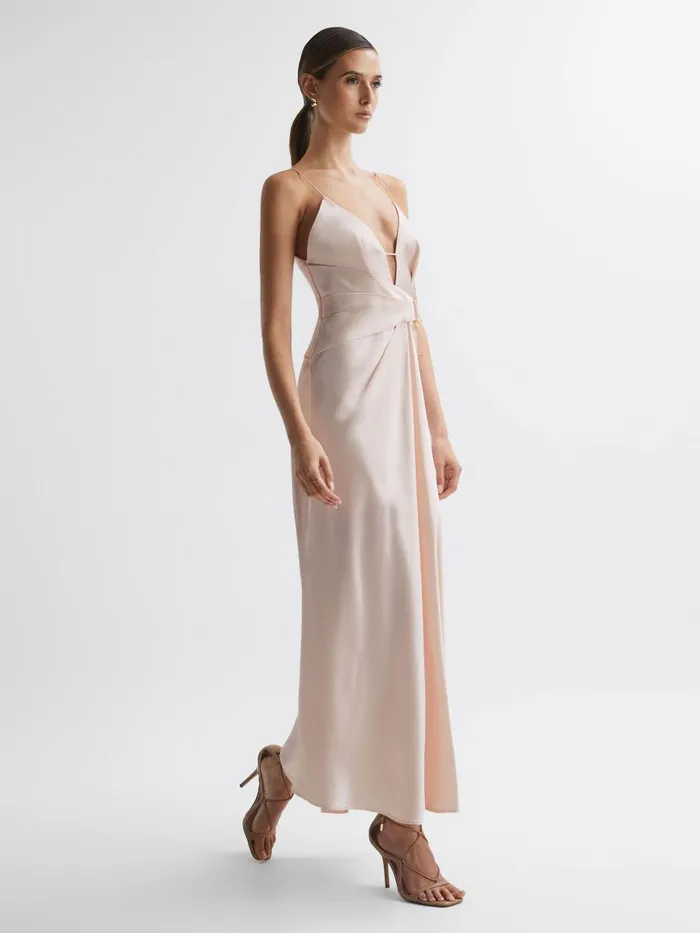 Women Reiss Dresses Plunge Neck Maxi Dress Pearl Pink