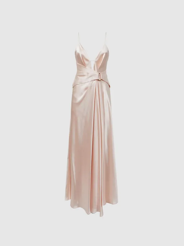 Women Reiss Dresses Plunge Neck Maxi Dress Pearl Pink