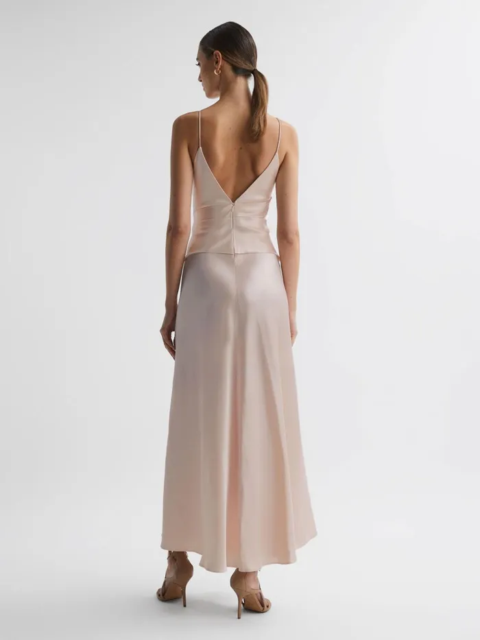 Women Reiss Dresses Plunge Neck Maxi Dress Pearl Pink