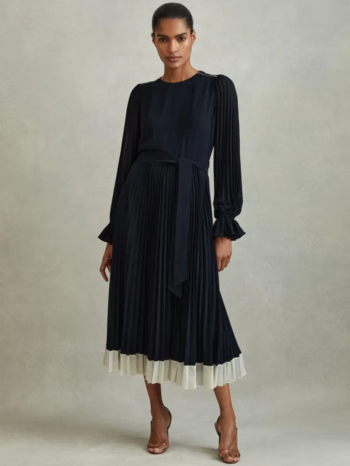 Women Reiss Dresses Priya Pleated Belted Midi Dress Navycream